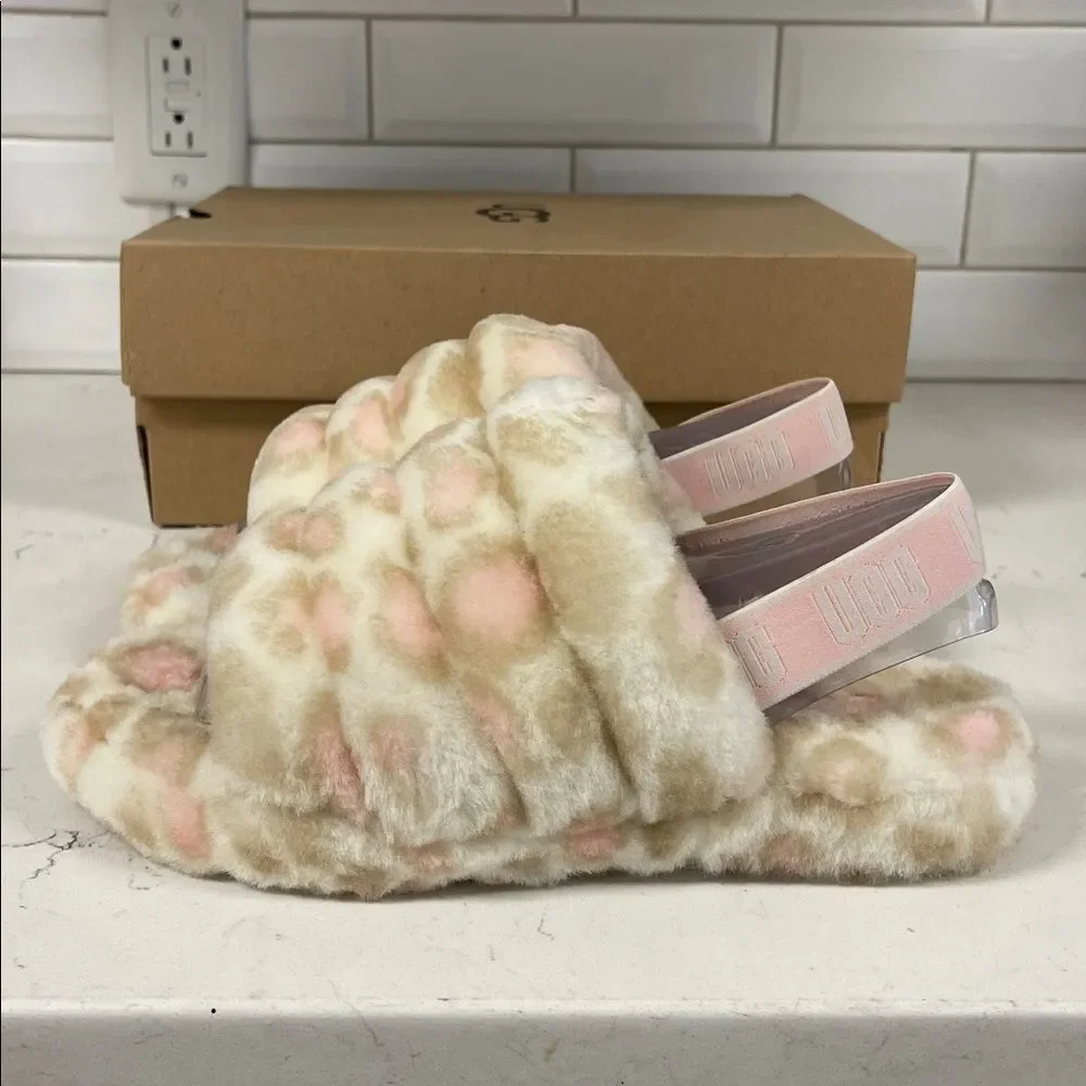 UGG Kids' Fluff Yeah Slide Panther Print Size 6 Pink & Tan Leopard Print